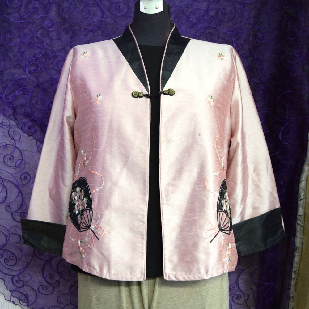 VTG Asian Chinese Smock Robe Open Front Jacket Sz Med Embroidered Fan Pink Satin